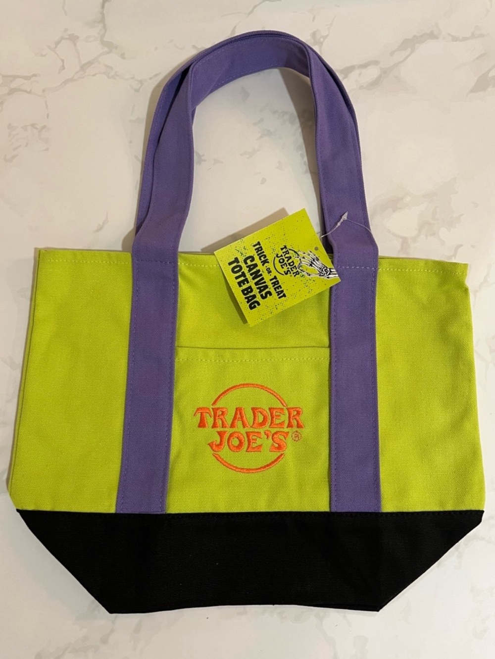 Trader Joe's Trick-or-Treat Mini Canvas Halloween Tote Bag Green & Purple
